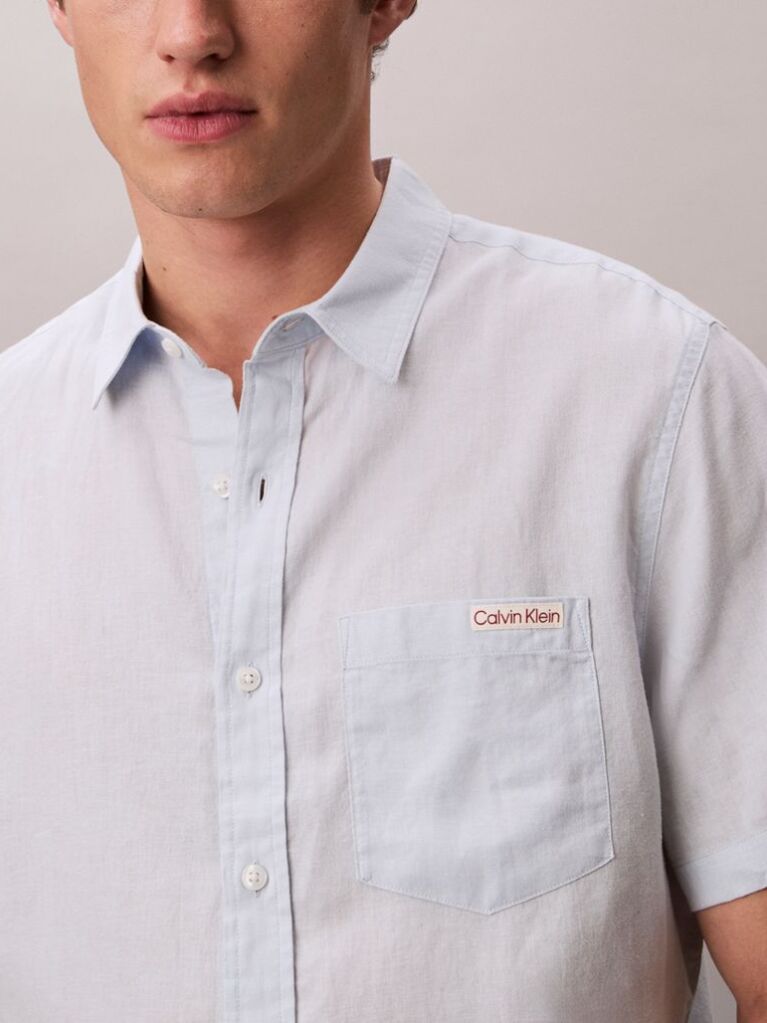 Blue Short Sleeve Solid Causal Linen Classic Shirt  Men
