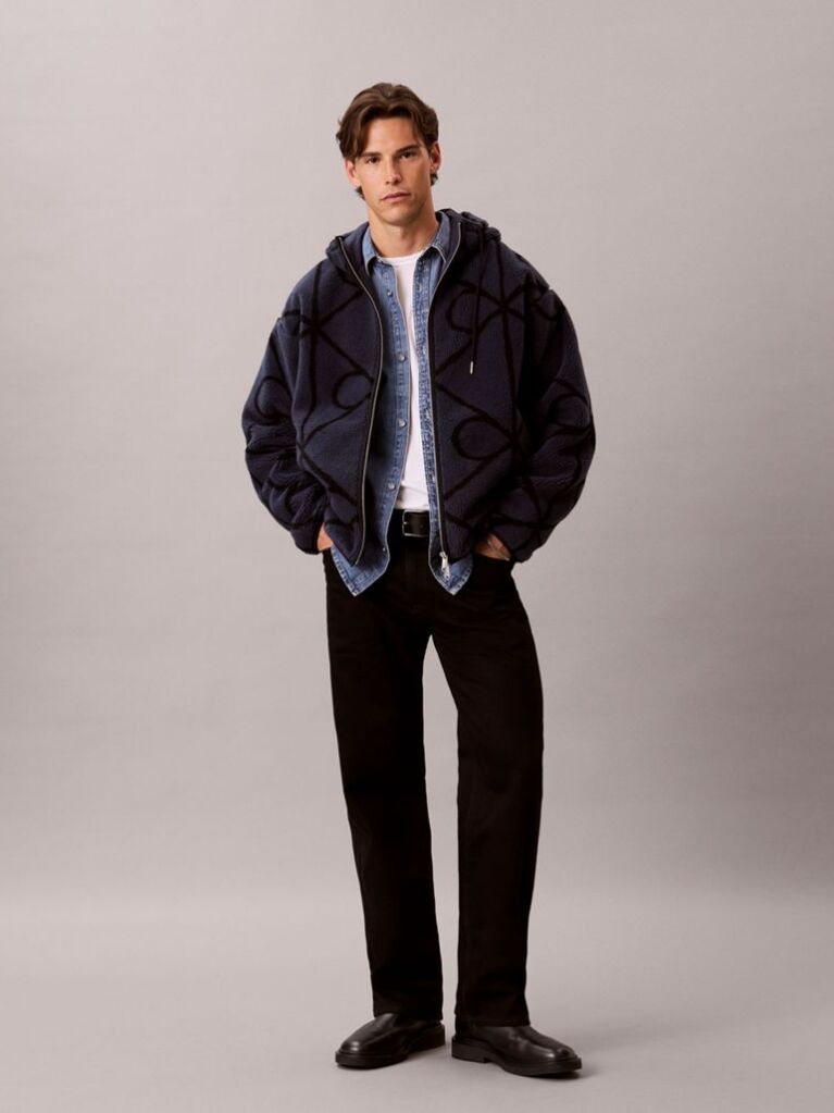 Blue Sherpa Fleece Emblem Zip Hoodie  Men