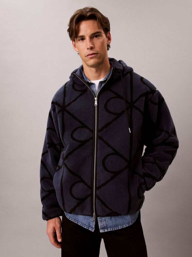 Blue Sherpa Fleece Emblem Zip Hoodie  Men