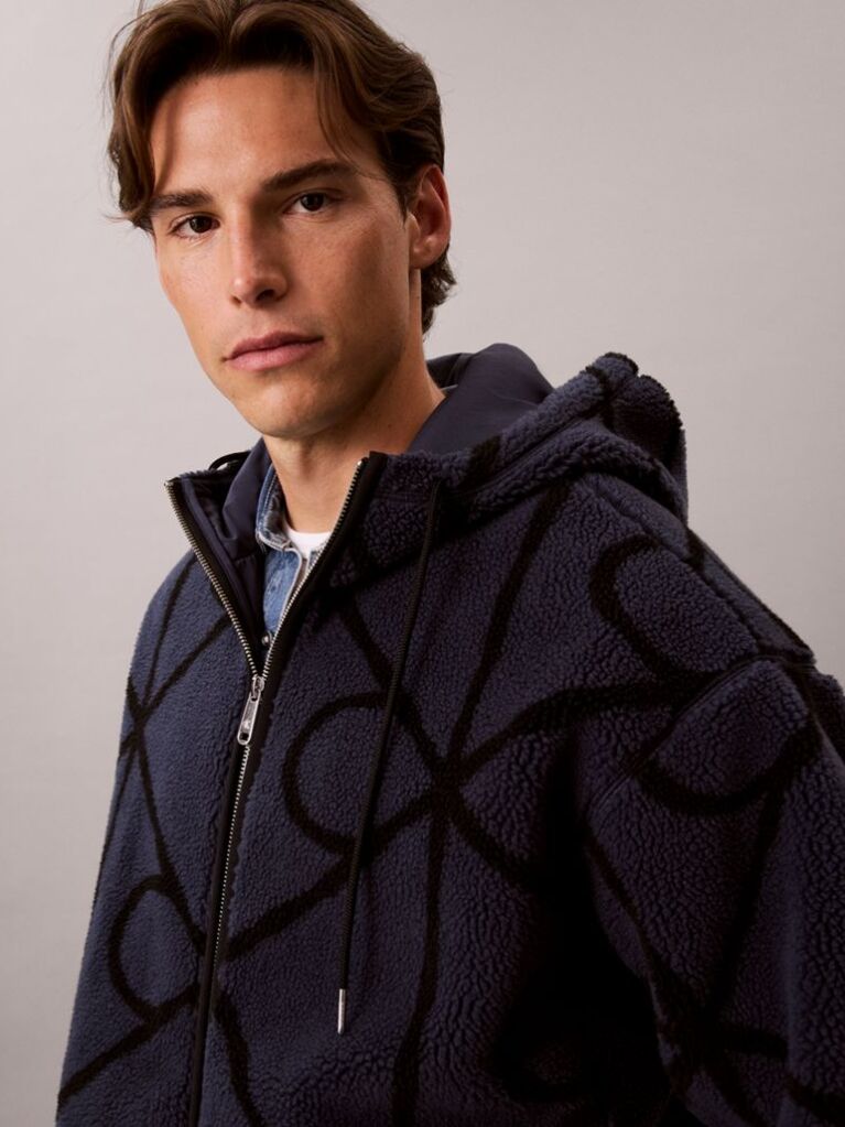 Blue Sherpa Fleece Emblem Zip Hoodie  Men