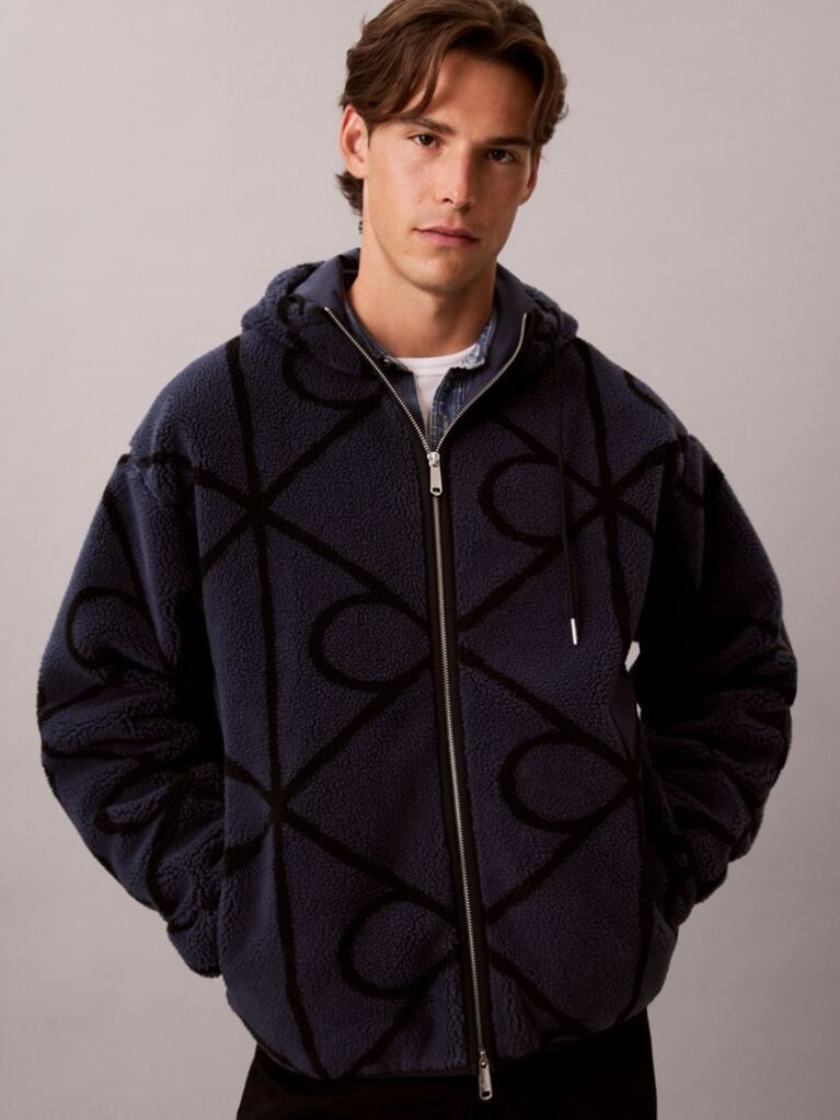 Blue Sherpa Fleece Emblem Zip Hoodie  Men