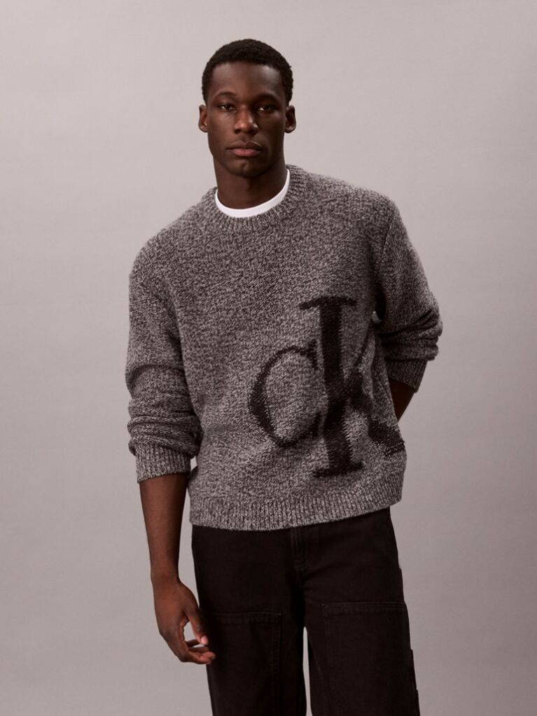 Grey Pure Wool Monogram Jumper  Men