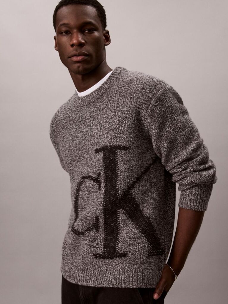 Grey Pure Wool Monogram Jumper  Men