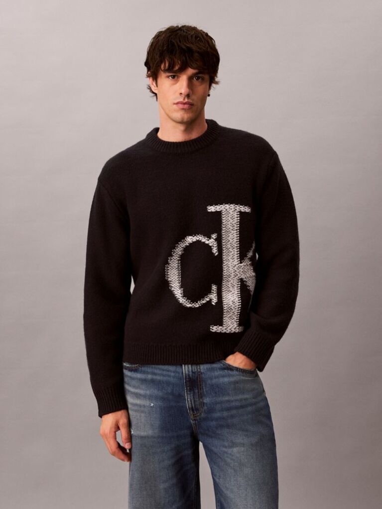 Black Pure Wool Monogram Jumper  Men