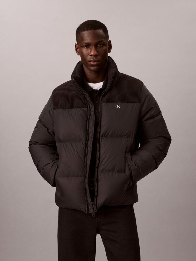 Black Nylon Corduroy Down Puffer Jacket  Men