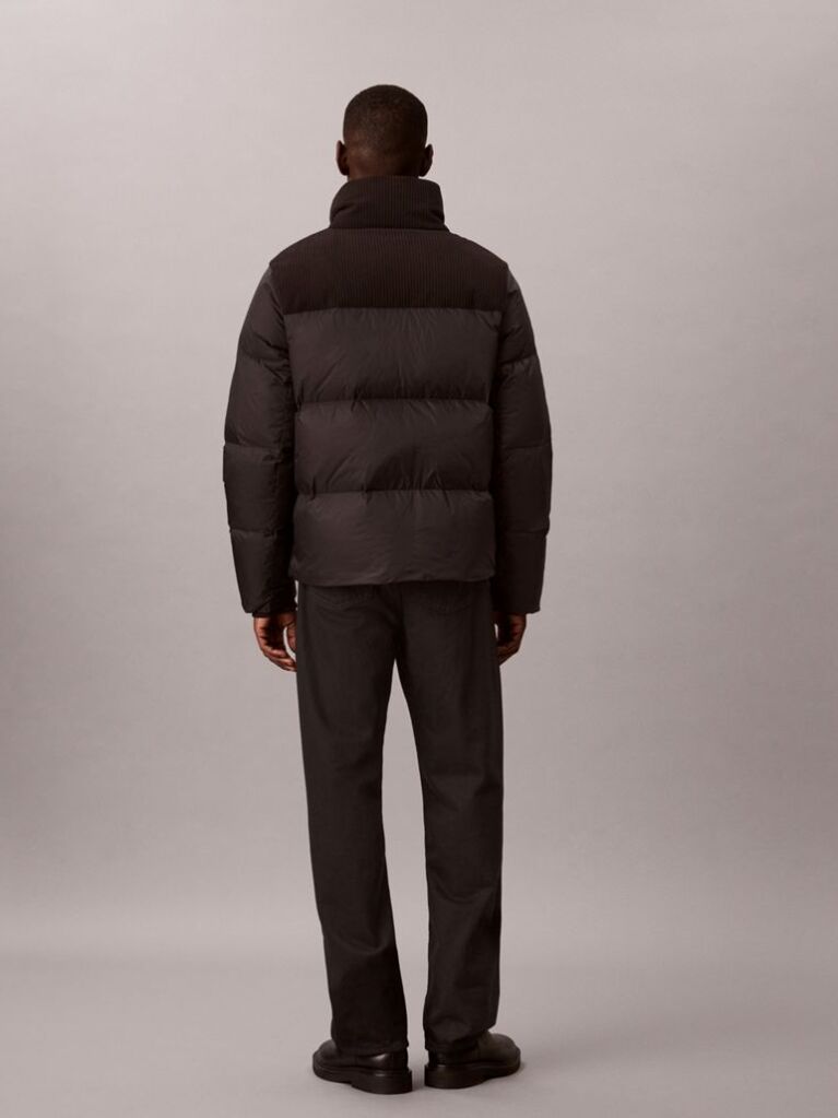 Black Nylon Corduroy Down Puffer Jacket  Men
