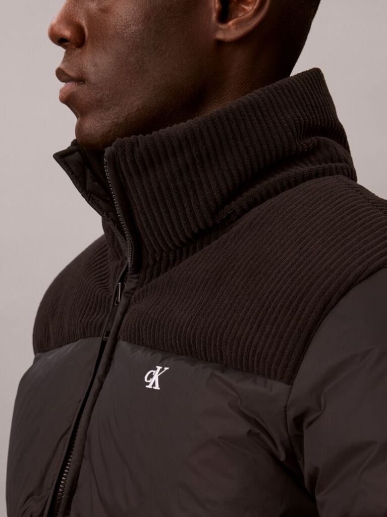 Black Nylon Corduroy Down Puffer Jacket  Men