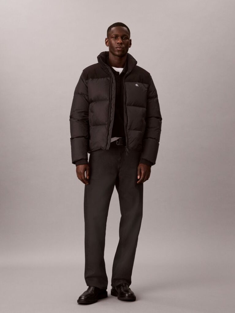Black Nylon Corduroy Down Puffer Jacket  Men