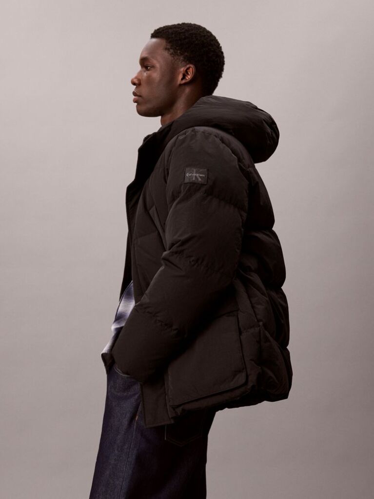 Black Iridescent Hooded Down Puffer Jacket  Men
