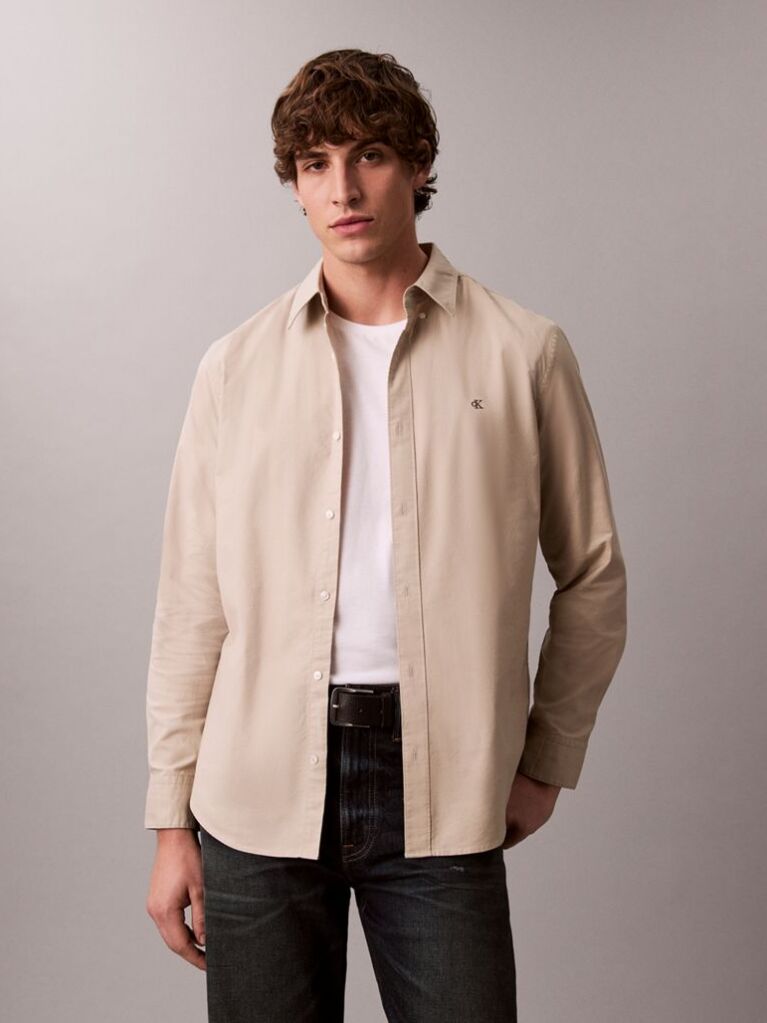 Beige Solid Classic Oxford Button-Down Shirt  Men
