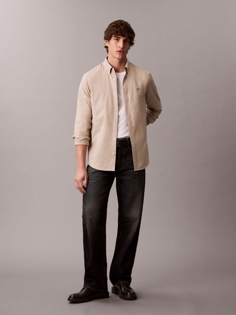 Beige Solid Classic Oxford Button-Down Shirt  Men
